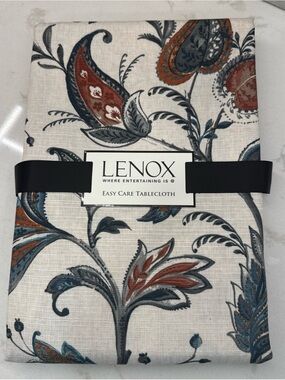 Lenox Paisley Floral Tablecloth in Cream, Blue & Rust easy care fabric 60”x120”